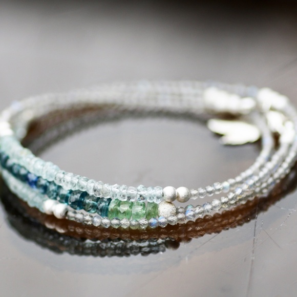 Natural Kyanite, Aquamarine Wrap Bracelet Convertible Necklace Sterling Silver - Picture 4 of 14